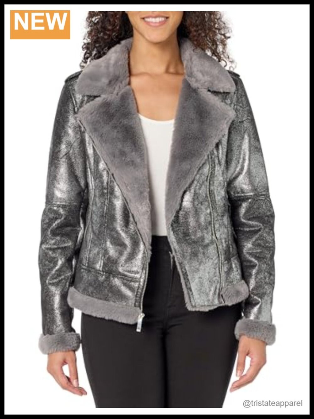 Women's Moto Jacket Faux Fur Trim Polyester Zip Front Aviator Style
